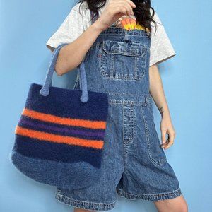VINTAGE 70s BLUE AND ORANGE STRIPE HANDMADE WOOL SHOULDER TOTE BAG